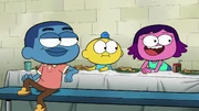 The kids at the table talking about Jagger.