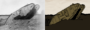 A picture of a tank from World War I, which has been redrawn by Skutnik for many of the war intro frames used in the first episode of the Covert Front series.