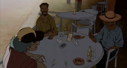 The three old men playing cards and drinking cola