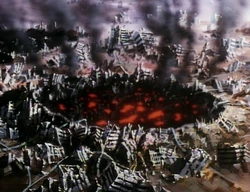 A crater caused by rock showers.