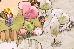 A player standing between lit and unlit areas of forest.