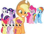 From Left to Right:Lower row:Applebloom,Sweetie Belle,Scootaloo,Apple Jack.Upper row:Rarity,Twilight Sparkle,Pinkie Pie and Rainbow Dash