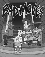 Real-world T-shirt design featuring the members of Bad Moves in Craig of the Creek style posing in front of the Dischord house.
