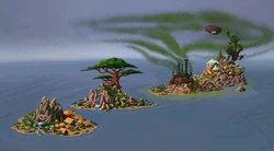 Pelin prototyyppiversiossa käytetty kaksiulotteinen karttanäkymä, jossa pelin kaikki kolme saarta näkyvillä samanaikaisesti.