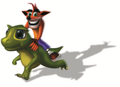 Promotional artwork of Crash Bandicoot riding Baby T.