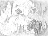 Concept art of Crash riding the Jeep in a cave