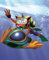 Artwork of Crash wearing his scuba gear and using a Jet Sub for Warped