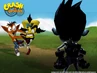 A promo image featuring Nina walking in on Crash and Cortex