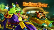 Emperor Velo racing with Crash on Drive-thru Danger in a promotional image for Crash Team Racing Nitro-Fueled.