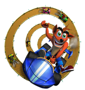 Promo render of Crash with Oxide and other characters on a loop of track behind him.