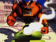 Promotional art of Tiny Tiger in his tank for Crash Bash.