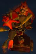 Crash descends to launch a missile at Dingodile's machine gun boat.