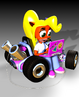 Promotional artwork of Coco using her laptop in her kart