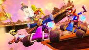 Coco Bandicoot, Crash Bandicoot and Cortex racing on Hot Air Skyway