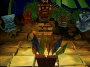 The Elementals' confrontation with Aku Aku at the Hyperspace Temple in Crash Bandicoot: The Wrath of Cortex.