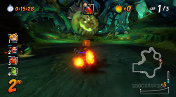 Before the crate is broken, the pumpkin monster stomps on the right path, creating crushing hazards.
