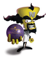Promotional render of Cortex holding a Universal Interactive themed bowling ball