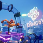 Promo image showing Dingodile's face on a Dingo's diner sign in Food Run