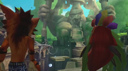 Crash and Aku Aku standing outside of the temple