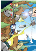 Concept art of N. Gin in his airship in a cut tree level