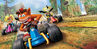 Crash, Coco, and Cortex racing in their karts