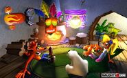 Artwork of Baby T with Crash, Coco, Aku Aku, Polar, and Pura in the Bandicoot House.