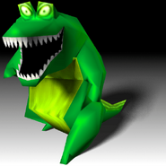 A green crocodile as it appears in the strategy guidebook of the Japanese version of Warped.