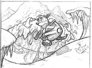 Concept art of Crash in a scrapped level featuring him outrunning an avalanche on a snowmobile