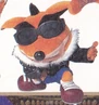 Promotional image of the Japanese Biker Crash mascot suit squatting and giving a thumbs up