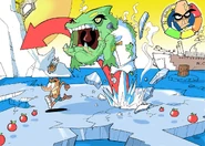 Concept art of Brio in his frog monster form chasing Crash during the Henchmania boss fight