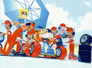 Japanese promo art for CTR featuring Lab Assistants upgrading Crash's kart, despite not appearing in the game itself.