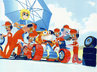 Japanese artwork of Crash and Isabella in a pit stop