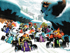 Japanese artwork of the main 8 racing in Blizzard Bluff with Fake Crash stuck in a snowball
