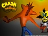 A promo image featuring Crash stretching while Cortex glares at him
