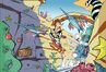 Concept art of Cortex on his hoverboard with Crash riding on his back in the cut Hoverboard level