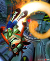 Artwork of Crash using a jet pack for Cortex Strikes Back