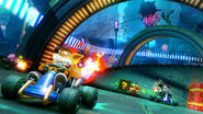 Crash Bandicoot, Doctor N. Gin, Doctor Neo Cortex and Tiny Tiger racing on Roo's Tubes