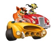 Early artwork of Crash and Cortex driving in their karts from CTTR