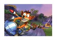 Coco racing Crash, Tiny and Cortex in Tiny Temple in promo art for the N-Gage version of the game.