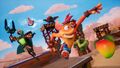 N. Tropy (F), Crash, Coco and Dingodile in Calamity Canyon.