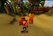 Crash and Aku Aku on the beach in Crash 1