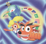 Japanese artwork of Crash and Coco with flags of the world, with Cortex in the background