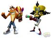 A promo image featuring Cortex attempting to shoot Crash