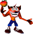 Crash spinning a Wumpa fruit with his finger in Crash Bandicoot.