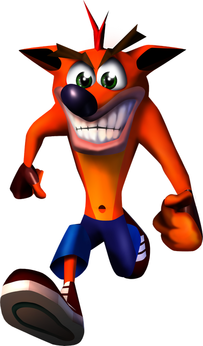 Um personagem do jogo crash bandicoot fica na frente de uma pilha de  moedas.