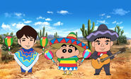 Cartoon Yuzu and Shin Chan dressed as Mexicans