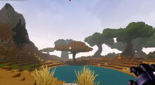 Creativerse water lake in Savannah with jungle and mountain