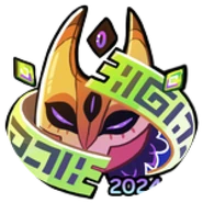 Badge of Lore 2024, featuring Urzuk's mask and Inkpujin's ribbons