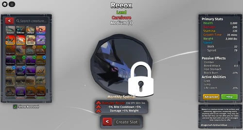 View Creatures Menu when selecting a boosted locked creature