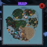 All event minigames locations marked as "!?" on the map, and the Arena marked as "⚔️"